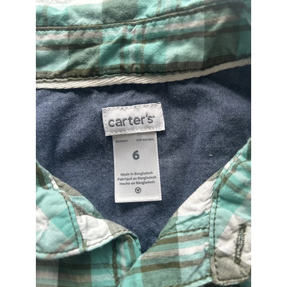 Carter's Button Down Shirt Kids Boys Size 6 Teal Green Plaid Long Sleeve 283G051